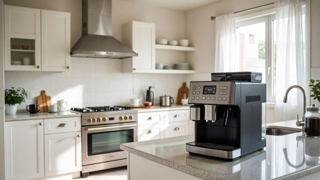Muestra una cafetera inteligente en una cocina moderna