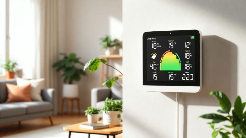 Muestra un monitor/sensor de calidad del aire interior