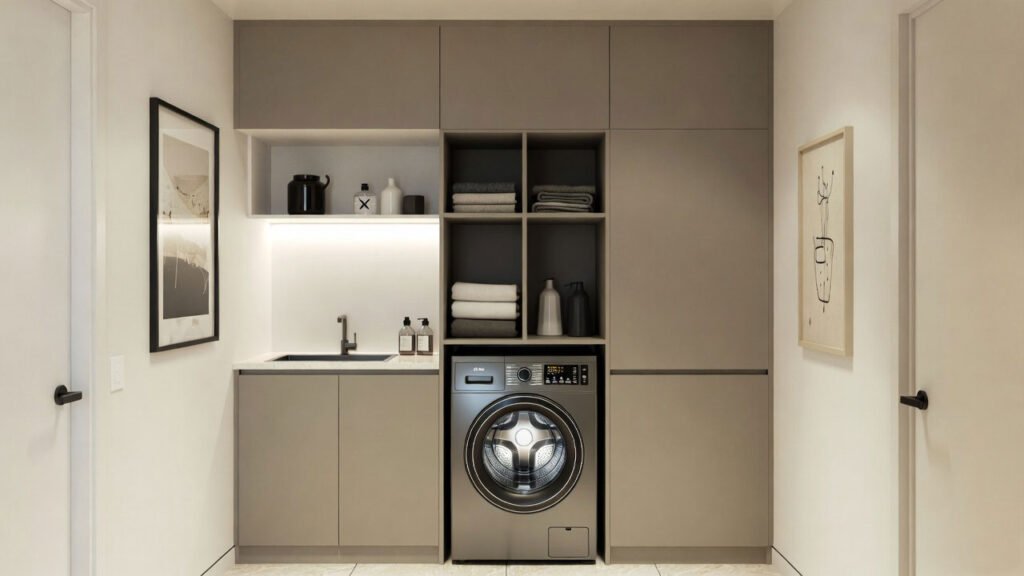 Muestra una lavadora inteligente integrada en un cuarto de la colada