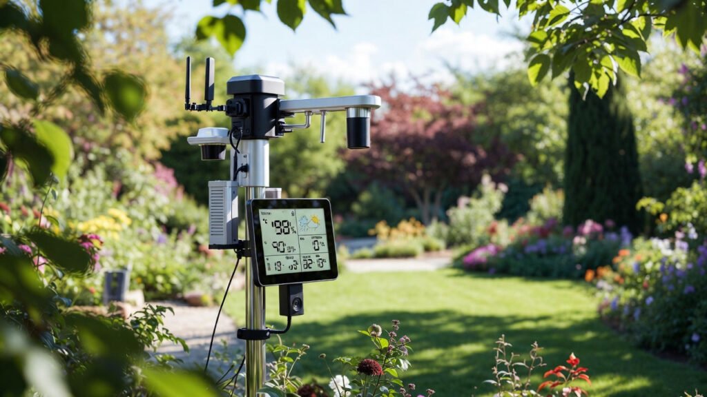 Muestra un jardín con una estación meteorológica inteligente por wifi