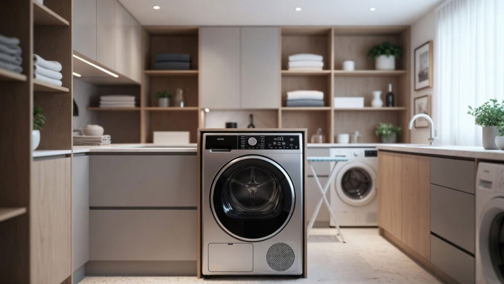 Muestra una secadora inteligente integrada en un gran cuarto de la colada
