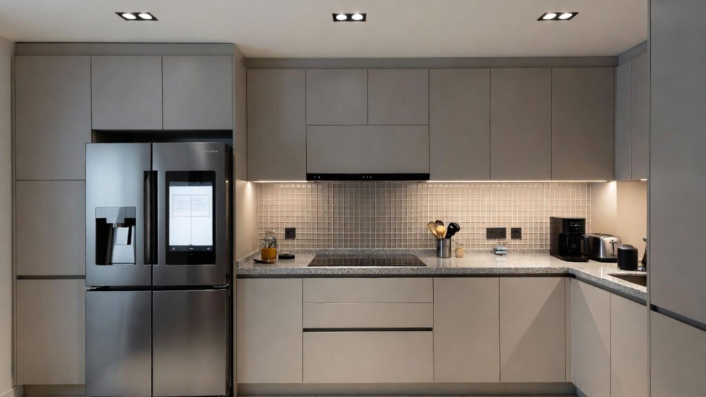 Muestra un frigorífico inteligente integrado en una bonita cocina