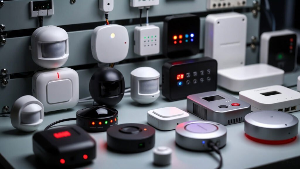 Componentes esenciales de un kit de seguridad, hubs y sensores de detección y presencia.
