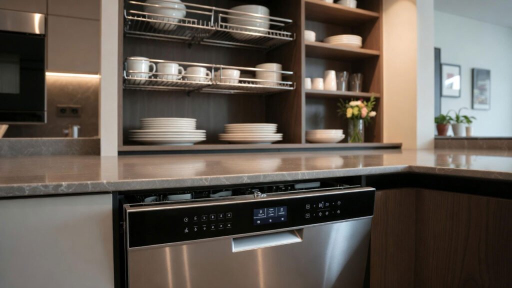 Muestra un lavavajillas inteligente en un cocina domótica