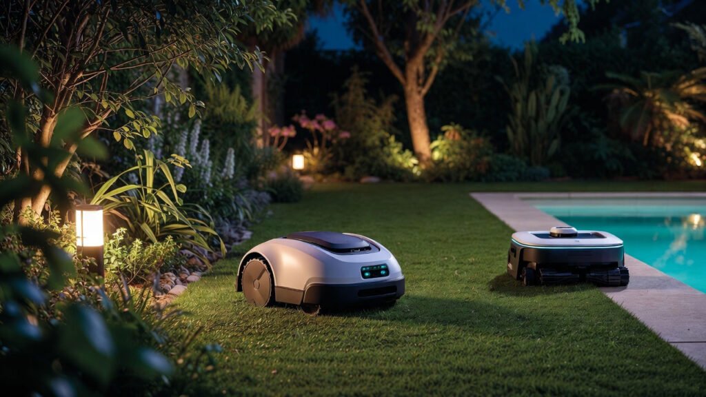 Muestra domótica de jardín, robots limpiafondos de piscinas y cortacésped