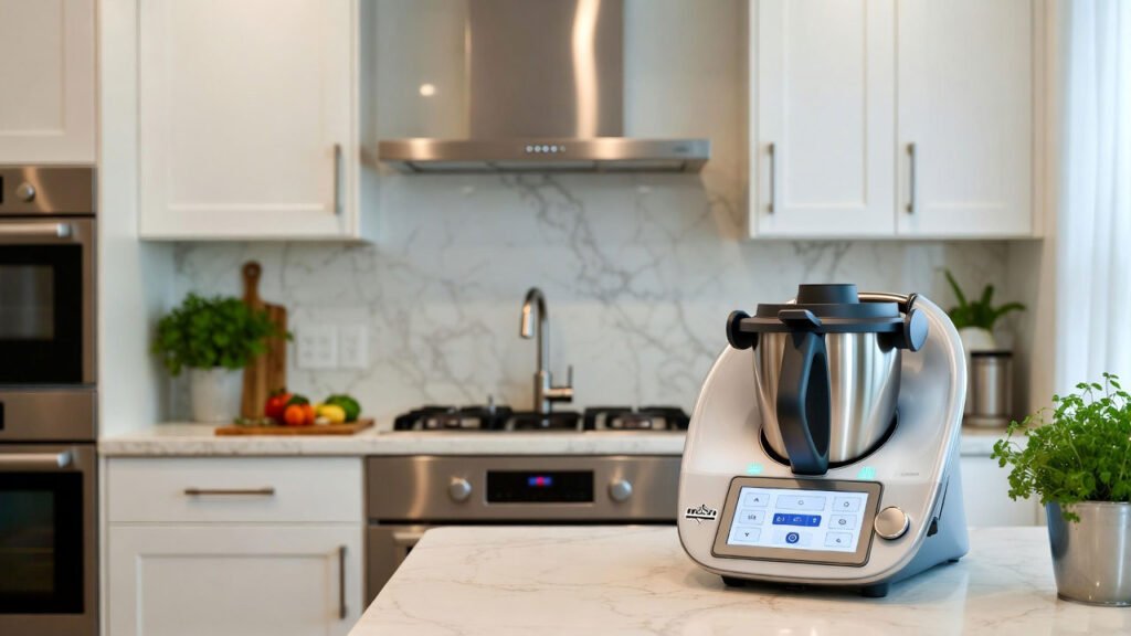 Muestra un robot de cocina inteligente sobre una encimera de una cocina moderna