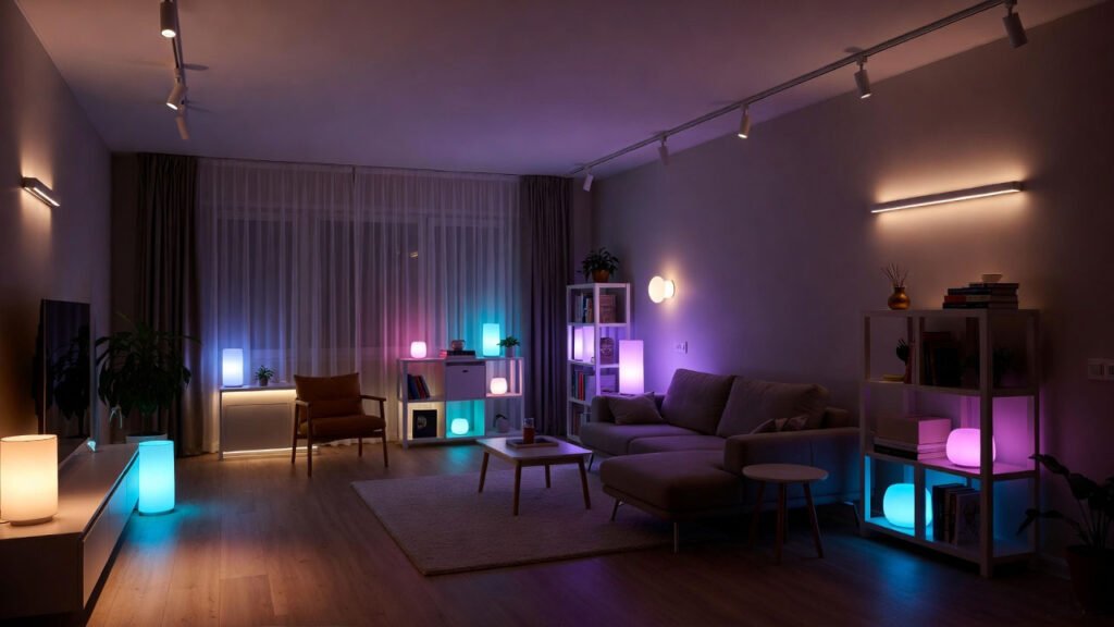 Muestra un salón con iluminación inteligente interior