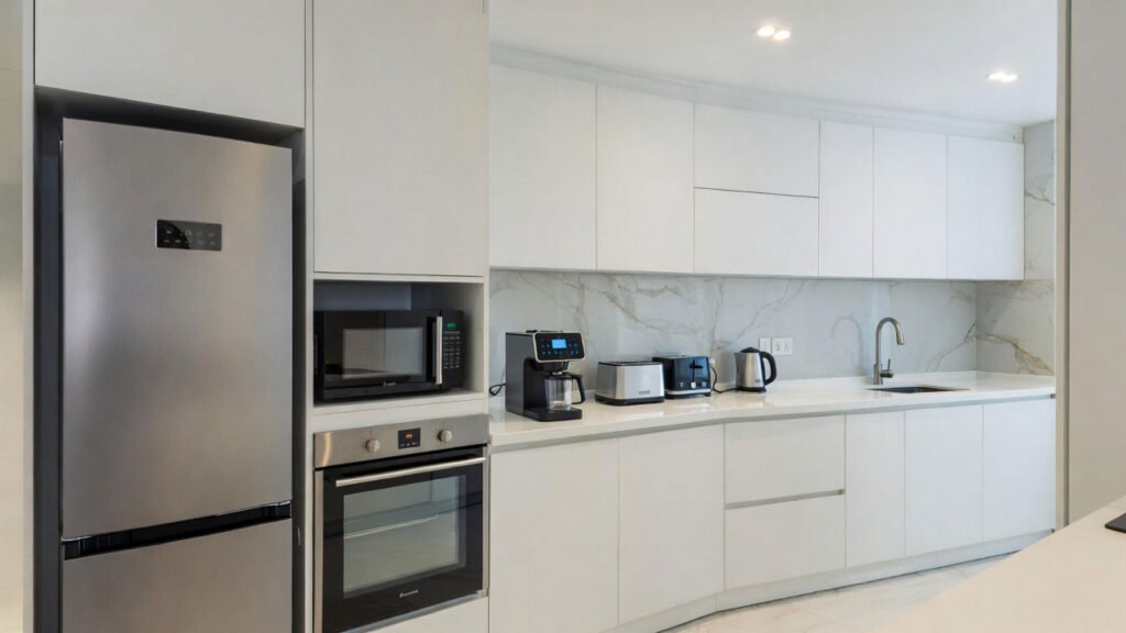 Muestra una imagen de como usar la domótica para pisos pequeños, usando electrodomésticos adaptados a cada necesidad