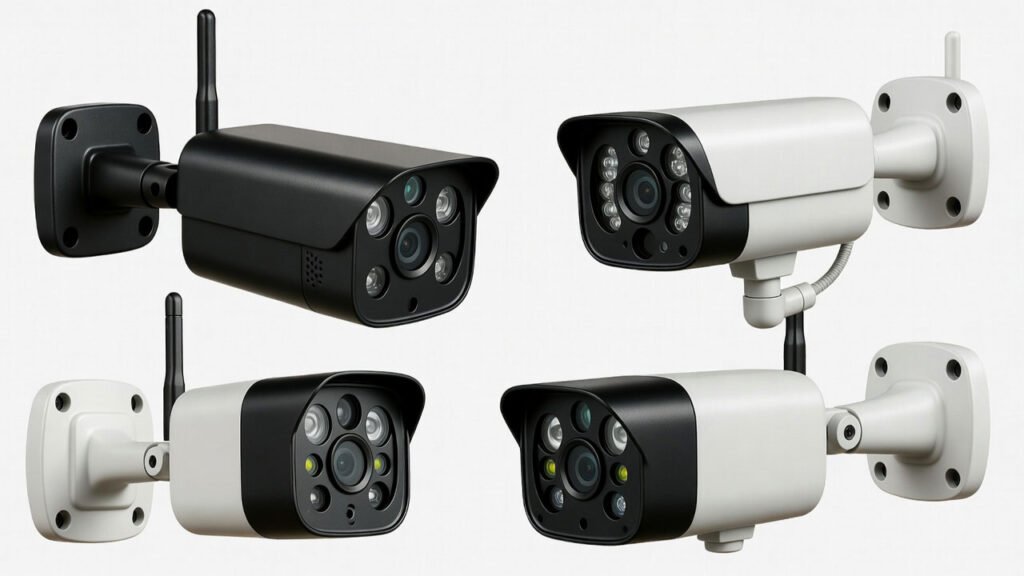Muestra una imagen de cámaras de seguridad sin cuotas, es decir, cámaras independientes al mercado de las empresas de alarmas y vendidas independientemente.