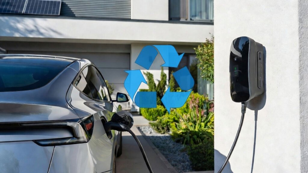 Un coche eléctrico recargándose en una casa moderna y un símbolo de bidirecionalidad de la corriente.