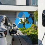 Un coche eléctrico recargándose en una casa moderna y un símbolo de bidirecionalidad de la corriente.